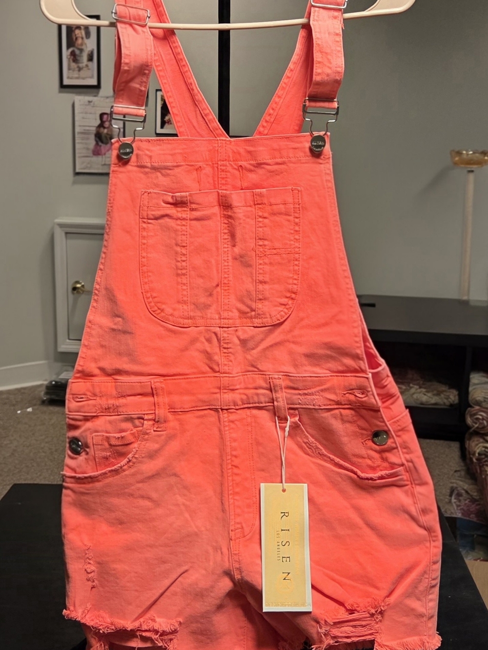 Womens Coral Pink Denim Short Overalls